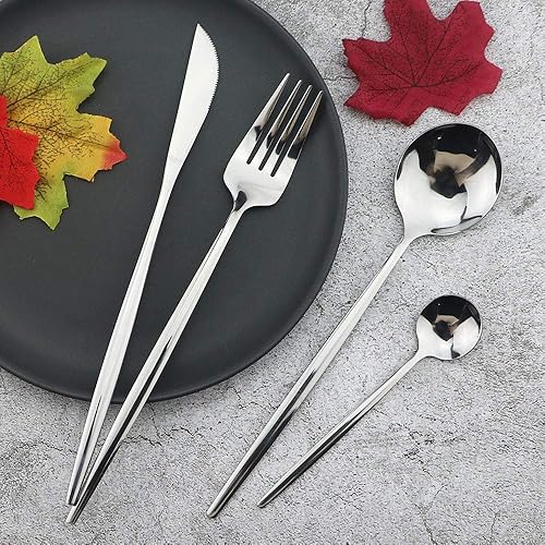 Miniatura 2 de JASHII Juego de cubiertos de acero inoxidable de titanio, 24 piezas, cubiertos plateados para 6 (brillantes)