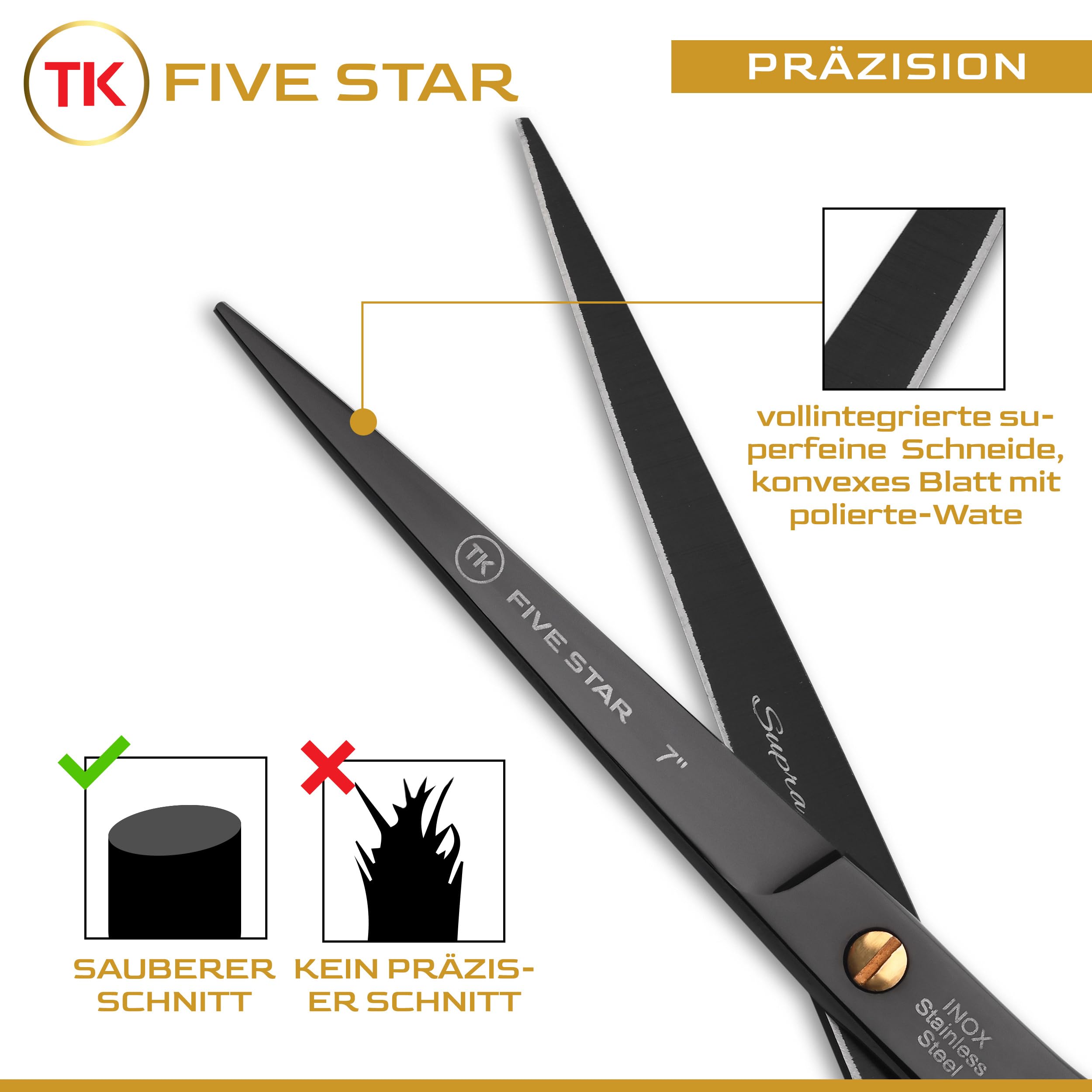 TK FIVE STAR Supra Premium 7" extra scharfe Friseurschere Haarschere Haarschneideschere für Damen Herren Friseure und Salons für feine und kräftige Haare Rostfrei