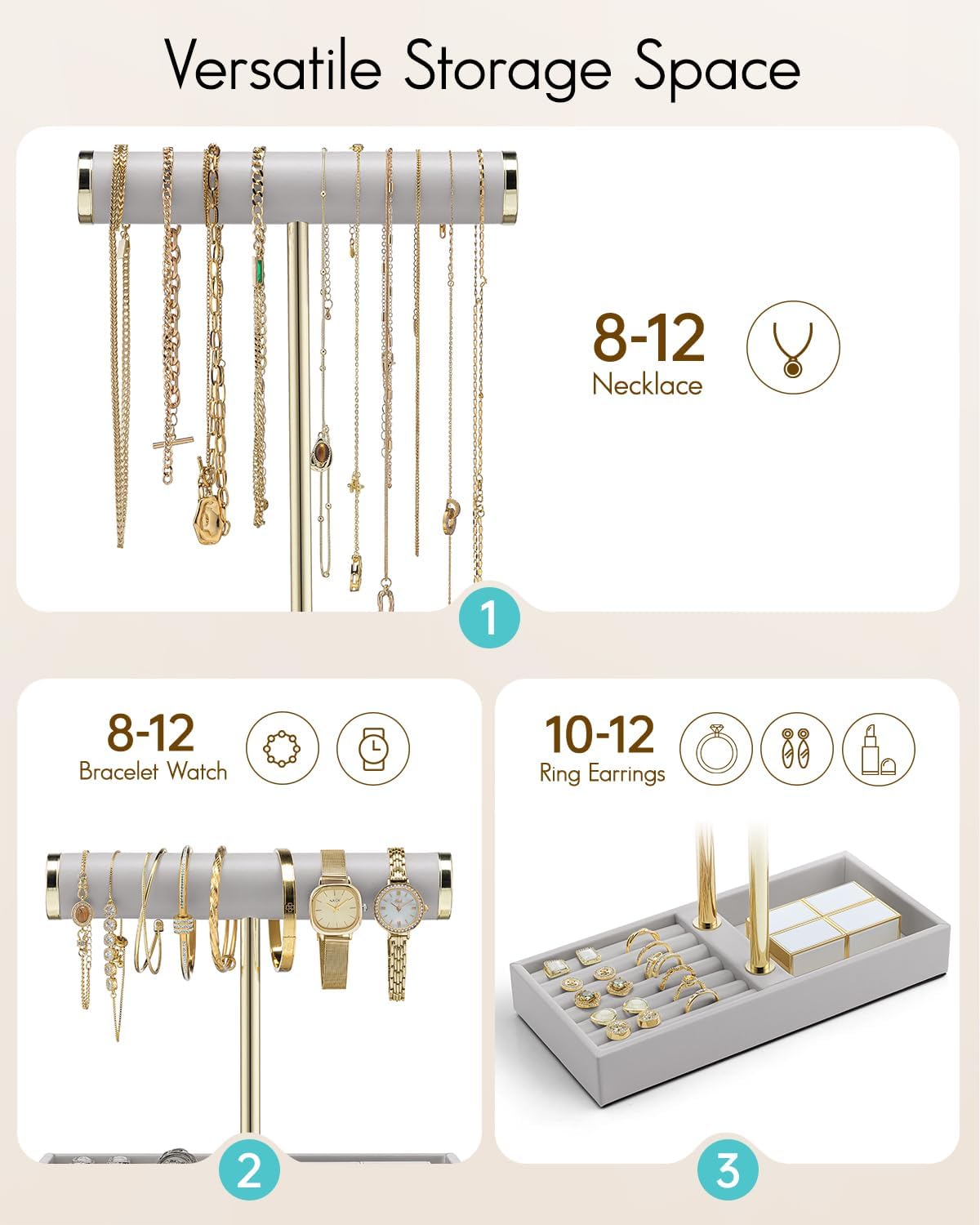 VLANDO Jewelry Organizer, 2 Tier Jewelry Bracelet Necklace Holder with Tray image 3
