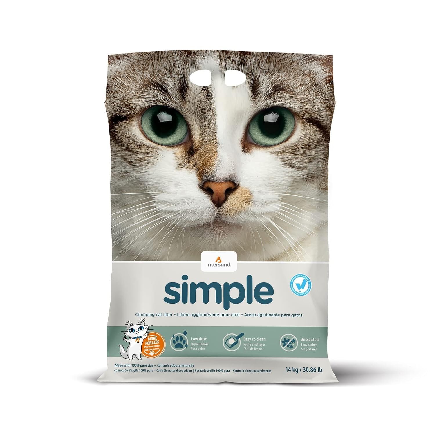 Intersand Simple litière 14 kg non parfumé pour la maison propre des chats sensibles