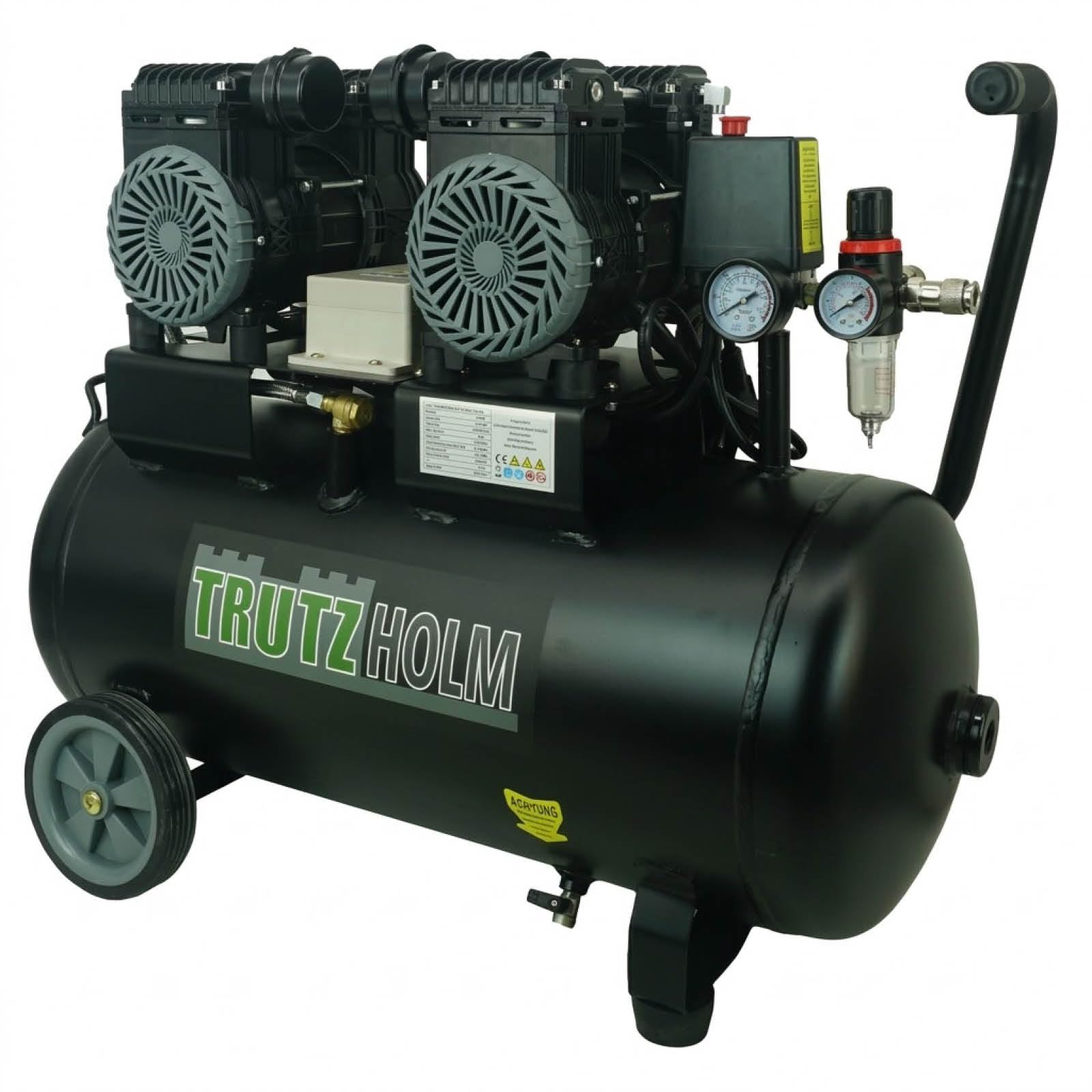 TRUTZHOLM Flüsterkompressor 50L ölfrei | 57 dB(A) Silent Kompressor für Werkstatt & Garage | 1800 W Brushless 2x900W, 8 bar, 290 l/min | wartungsfreier Druckluftkompressor