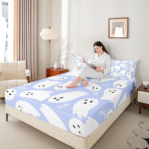 Miniatura 3 de Juego de sábanas de Feliz Halloween, juego de sábanas con estampado de acuarela taro púrpura para niños, ultra suave, calavera, fantasma, juego de