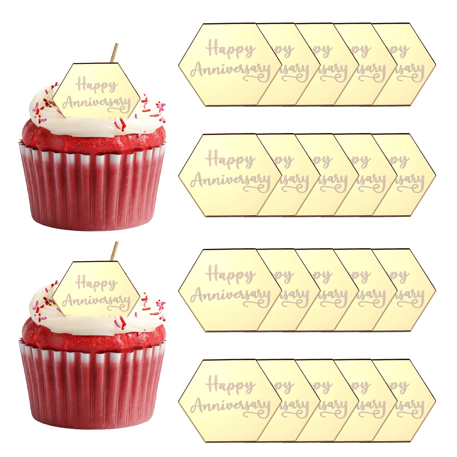 sourcing map 20Pcs Acrylic Mirror Cake Toppers, Happy Anniversary Cupcake Toppers Hexagon Shapes Laser Picks Dessert Decorations for Celebrating Party Wedding Shower, 059-Gold