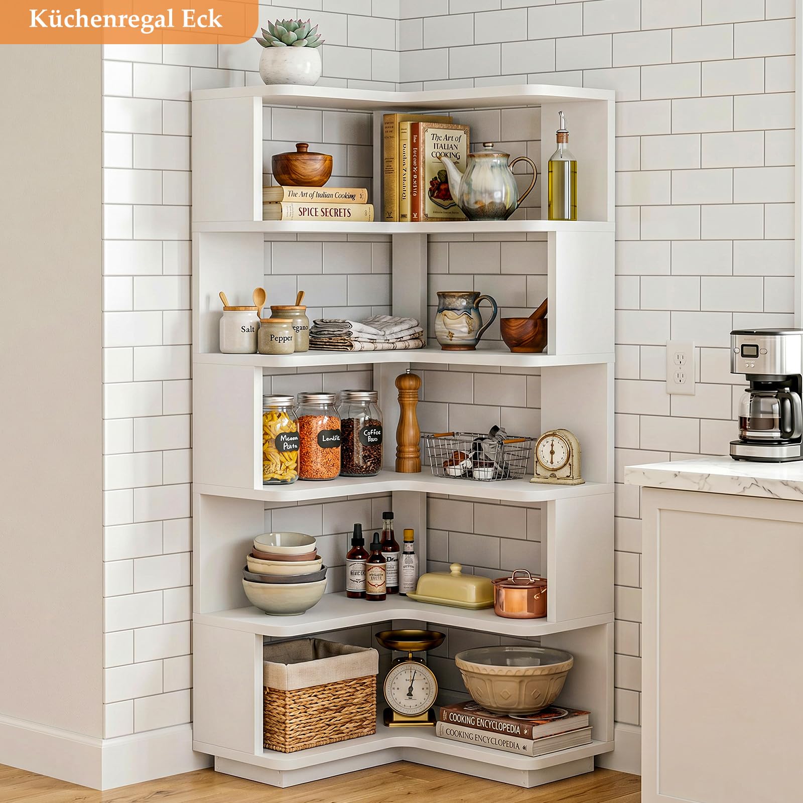 Homieasy Eckregal 5 Ebenen, L-förmiges Bücherregal,Weiß