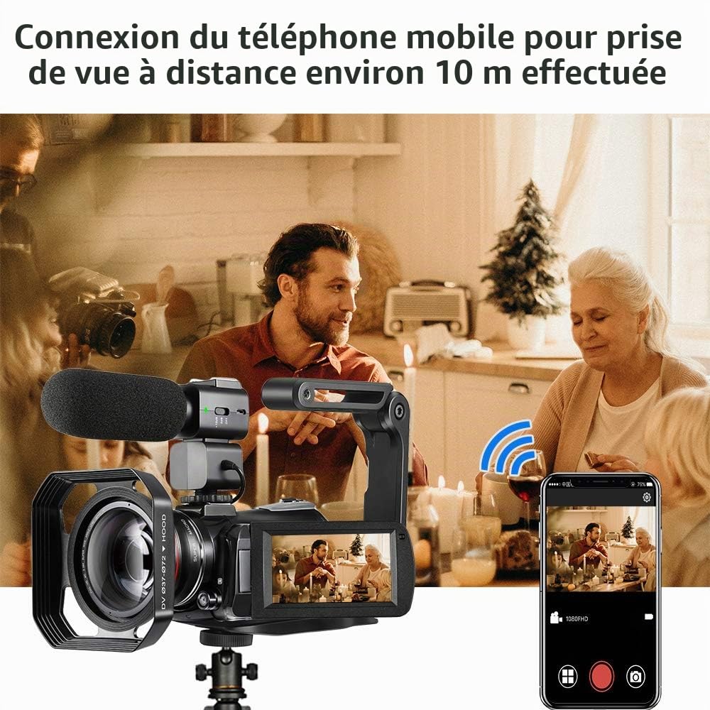 ORDRO Caméra Vidéo 4K Caméscope Full HD 1080P 60FPS Vlogging Caméra pour Youtube Zoom Numérique 30X Écran IPS 3,0" avec Microphone, Lumière LED, Support de Caméra et étui de Transport