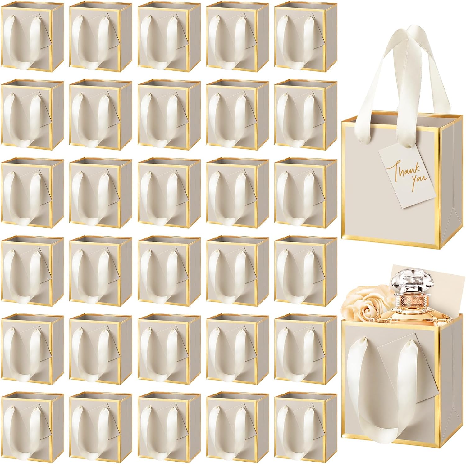 Yeaqee 50 Pcs Mini Paper Gift Bags with Handles Tag, Champagne, Gold