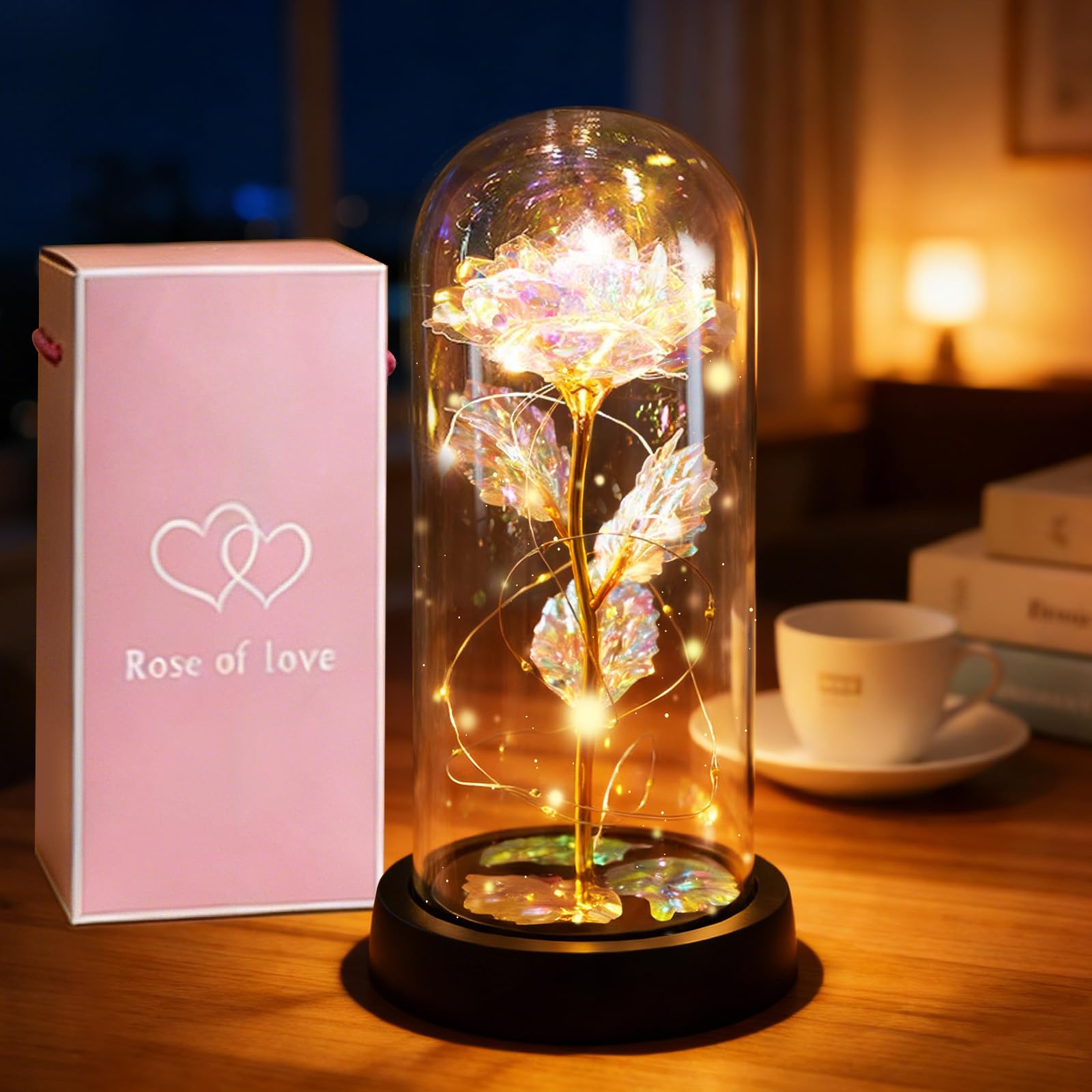 Eidoct Women's Gold Rose Gift Box, Illuminated Preserved Flower Gift, Valentine's Day Decorative Gifts, Glass Dome With String Lights, Eternal Rose For Mothers, Girlfriends, Wives, And Friends (Gold)