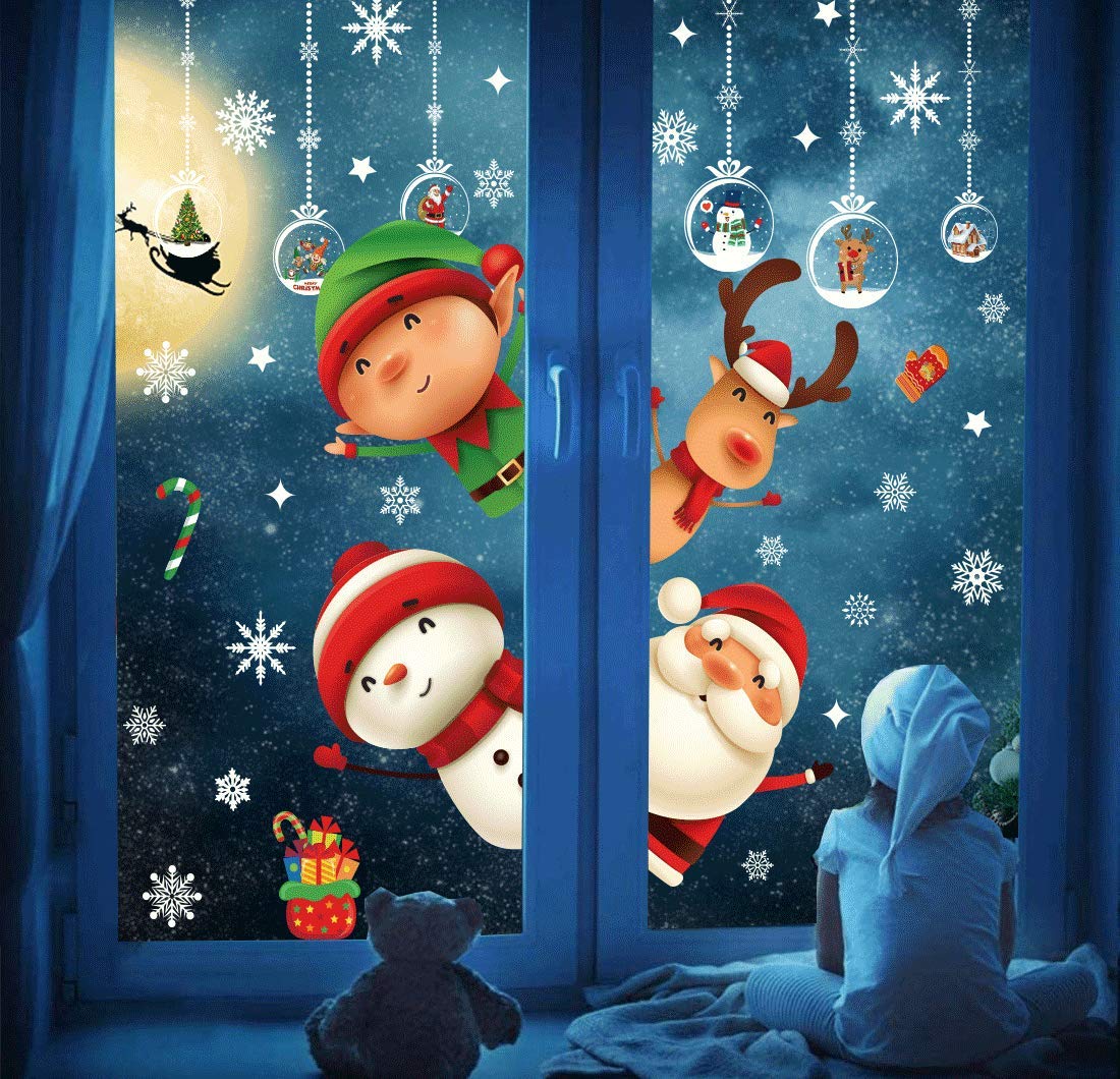 Stickers NoëL Fenêtre 160 Pcs, SUGUREII Autocollant NoëL Fenêtre Amovibles Statique PVC Autocollants, Decoration NoëL Fenetre Réutilisables, Avec Père Noël, Flocons De Neige, Wapiti