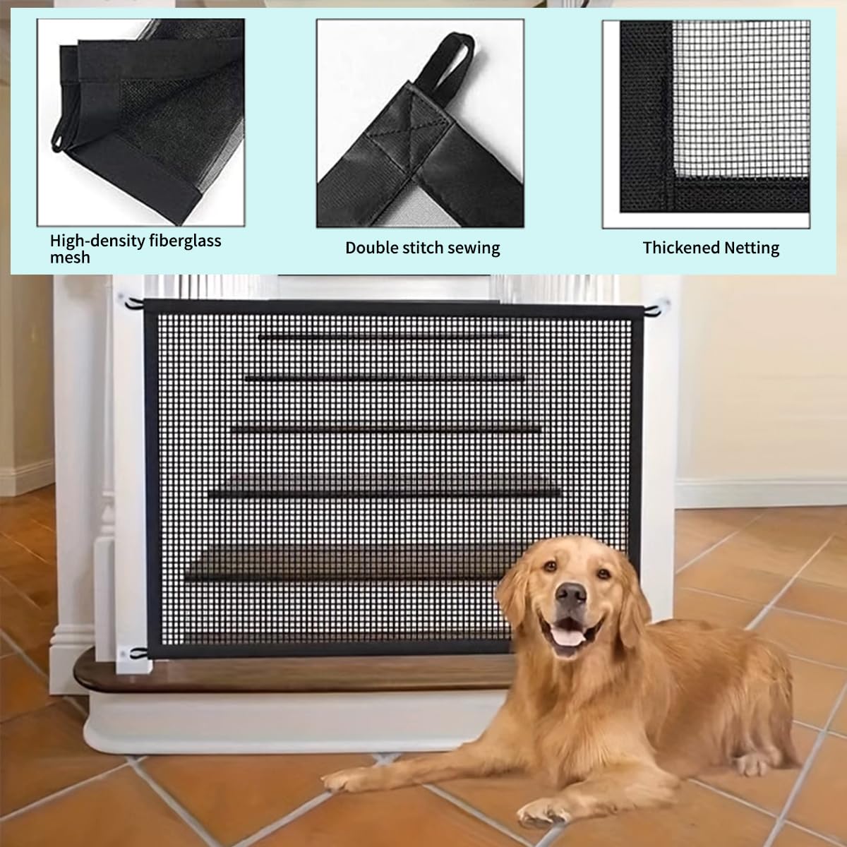Zephyra Barrière Magique pour Chiens et Chats, Grille de Sécurité Pliable en Maille, 110x72 cm, Facile à Installer sans Perçage, Idéal pour Escaliers, Portes et Cuisines, avec 4 Crochets Adhésifs