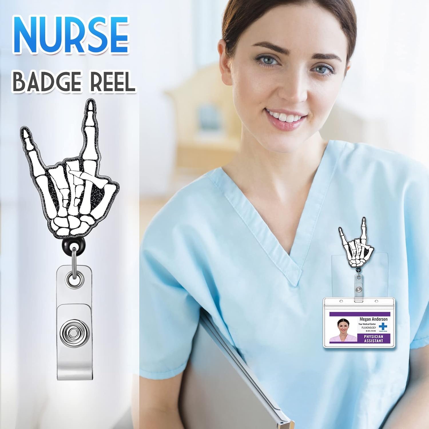 Plifal Badge Reel Holder Retractable with ID Clip for Nurse Nursing Name Tag Card Funny Rock Hand Skeleton Radiology X-ray Tech Nursing Student Teacher Doctor RN Medical Assistant Work Alligator Clip - Image 2