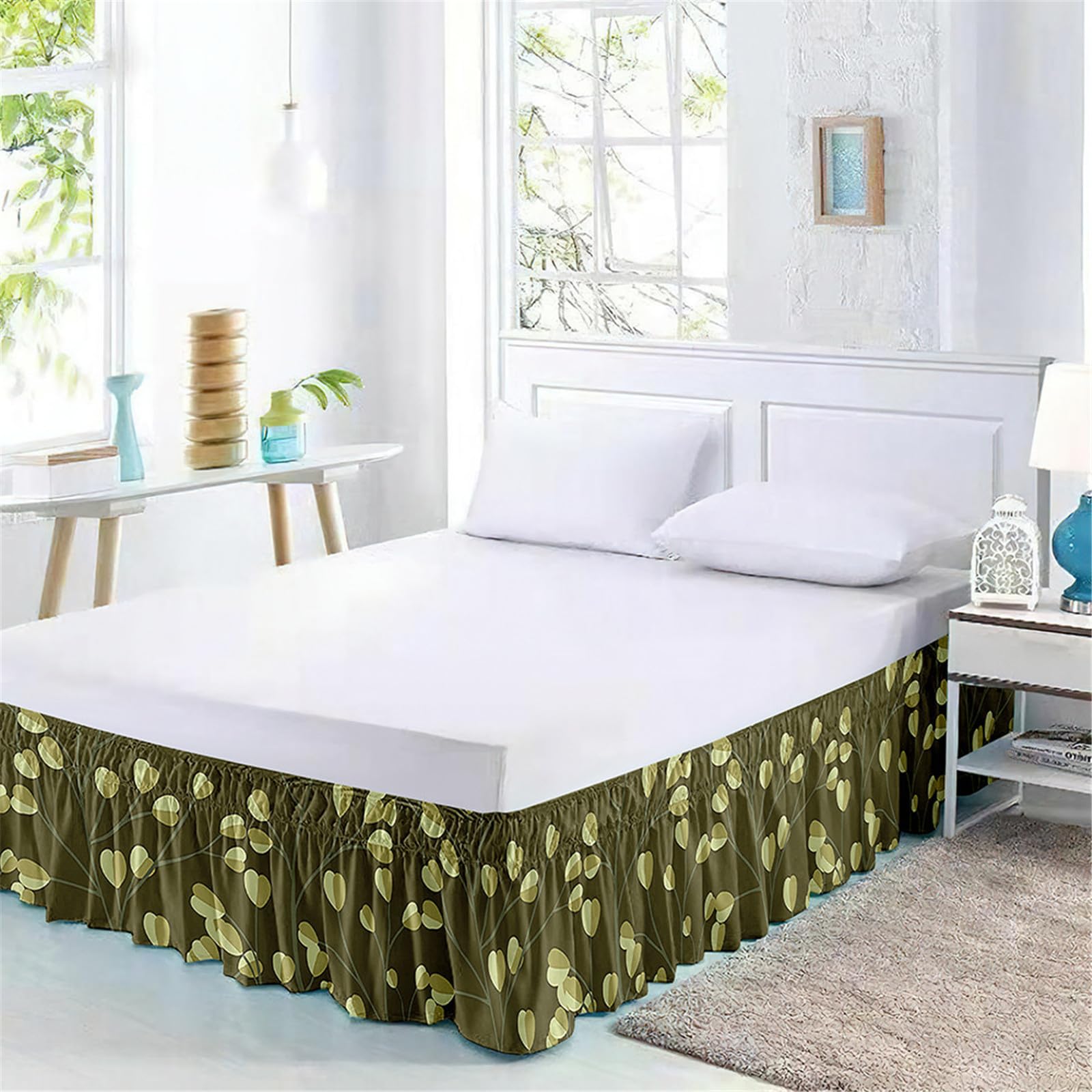 Surwin Pleated Bed Valance Sheet Single Double King Size Green Bed Base Wrap Extra Deep Frilled Fitted Valance Sheet Easy Care Bed Skirt Soft Microfibre Breathable (180x200x38cm,Dark green)