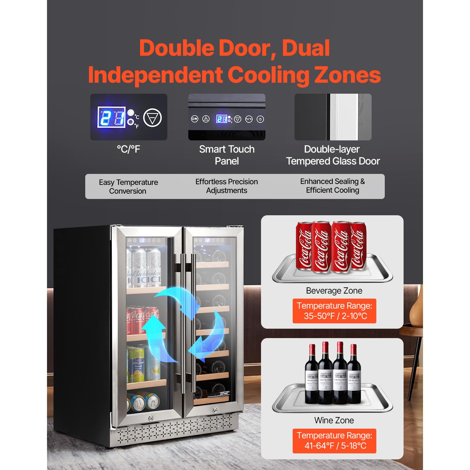 Happybuy 24-Inch Dual Zone Wine And Beverage Refrigerator, Built-In & Freestanding Fridge With Glass Doors, Adjustable Shelves, Digital Temperature Control, Holds 64 Cans And 20 Bottles on Fridge.com - View 3
