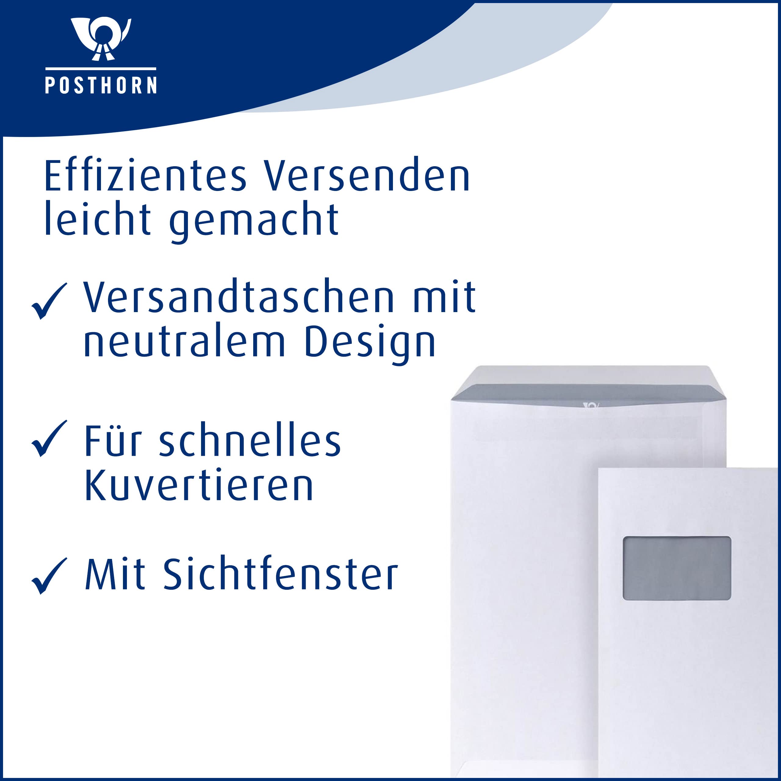 POSTHORN Versandtaschen C4 (250 Stück) 324 x 229 mm - Umschläge A4 90g/m² | Selbstklebende A4 mit Fenster - Versandtasche C4 mit grauem Innendruck für Sichtschutz - Weiß