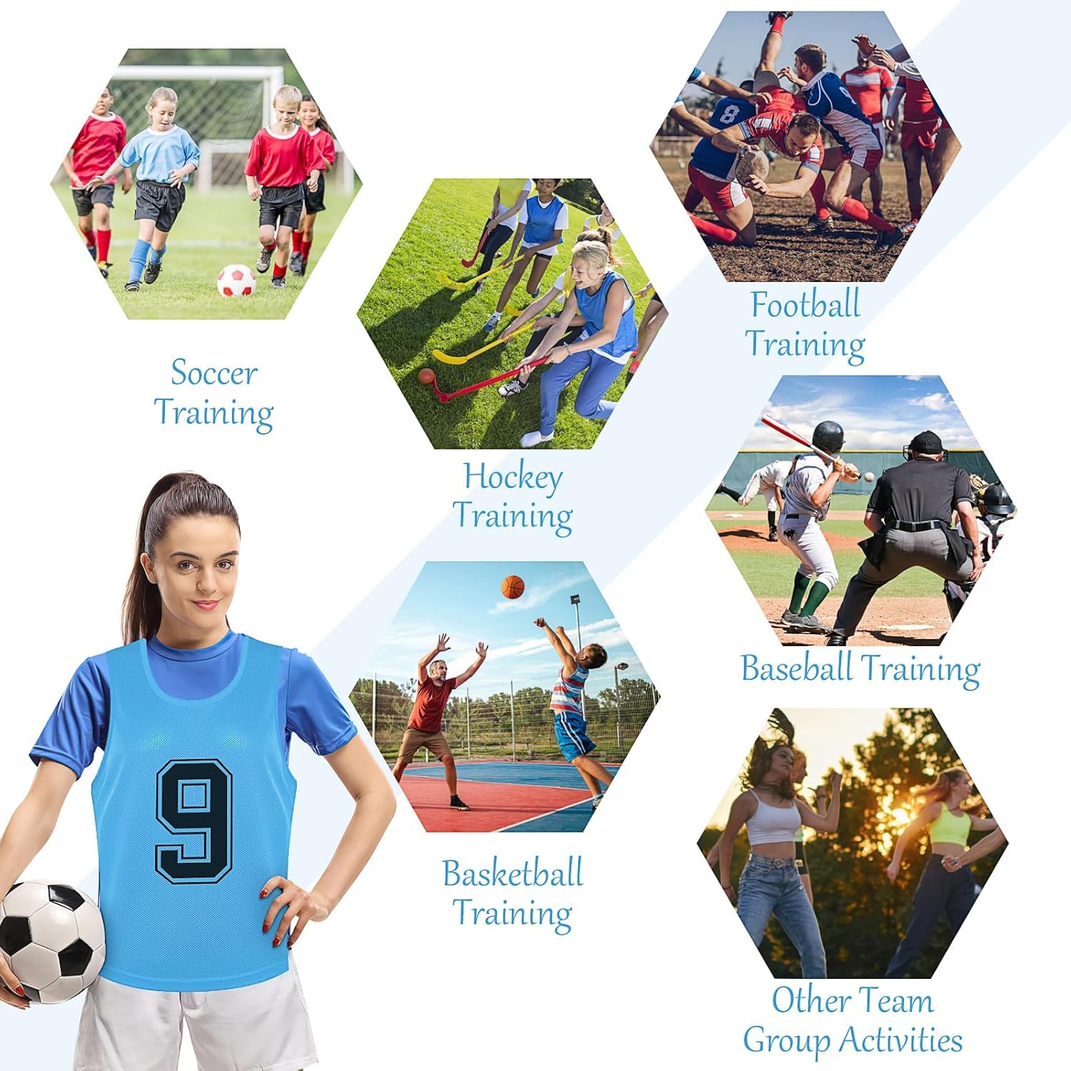Lot de 24 chasubles d'entraînement en maille nylon – Gilets numérotés réversibles pour adultes – Vêtements de sport pour basket-ball, football, soccer, entraînement d'équipe