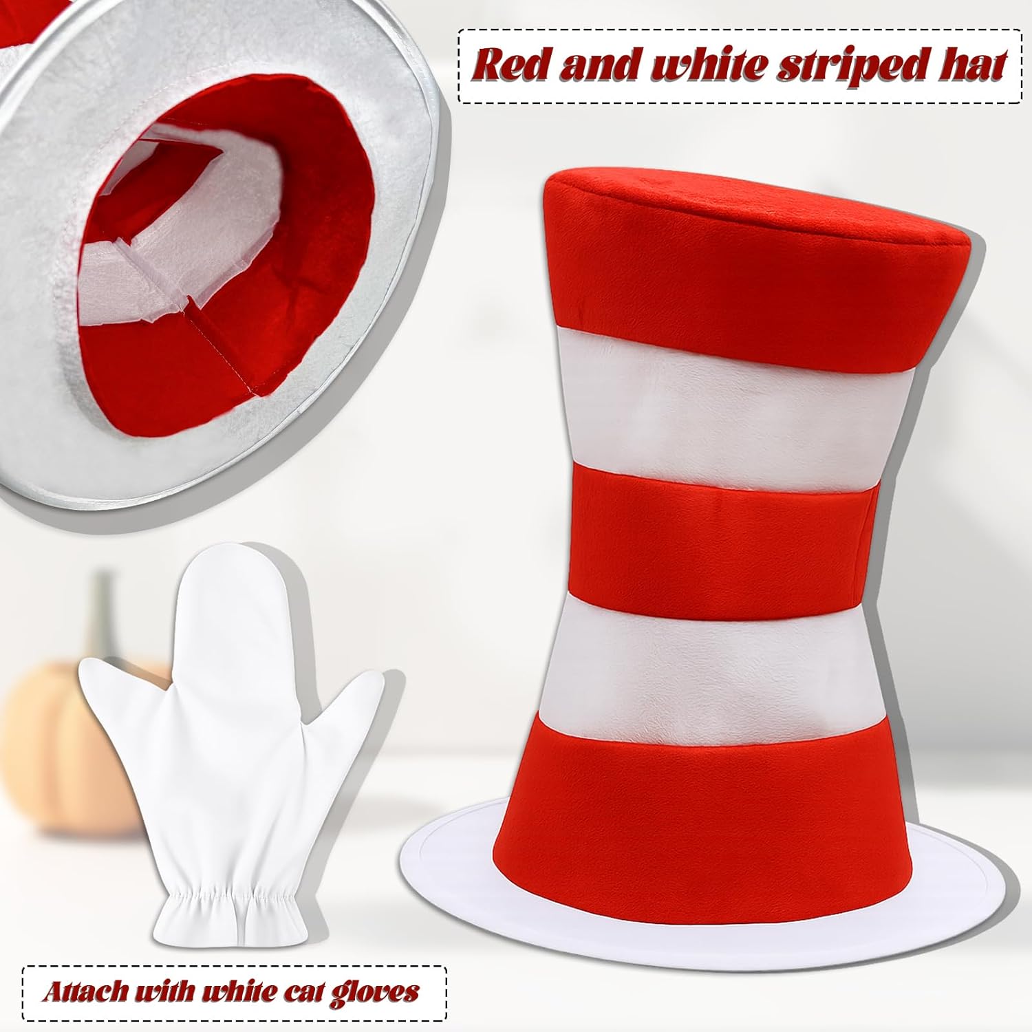 5 Pcs Cat Costume Accessory Set with Red White Striped Hat/Red Bow Tie/31inch Black Tail and White Gloves for Cosplay - Image 5