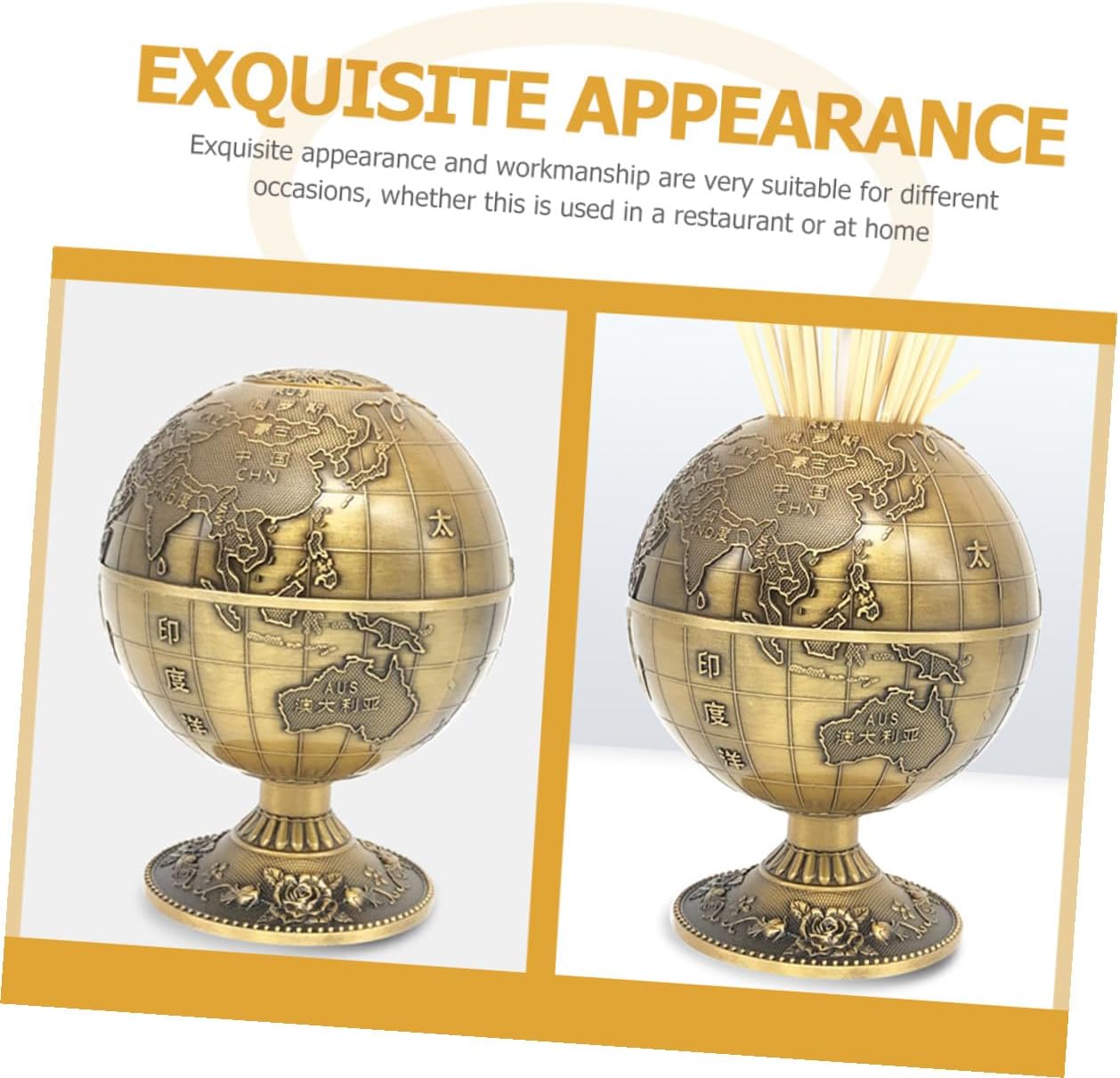 Retro Press-type Toothpick Holder Case with 360° Rotating Globe Design, Antique Copper Household Toothpick Dispenser for Kitchen and Living Room Use