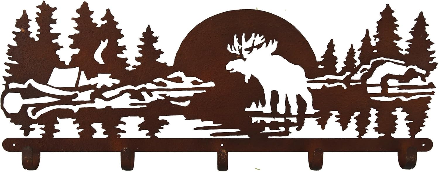 Rivers Edge Products Decorative Metal Wall Mount Hat Rack and Coat Rack, 5 Heavy Duty Wall Hooks, Rustic and Weathered Laser Cut Steel, Room Decor and Home Decor, 13 by 32 Inches, Moose Scene