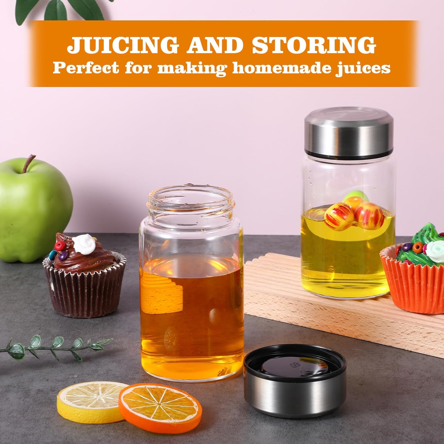 6 Pcs 10 oz（300 ml) Wide Mouth Glass Water Bottles Reusable Glass Bottles with Lids Leakproof Juice Jars with Lids for Fridge Milk Juicing Smoothies Infused Water Beverage Kombucha Tea Drinking Silver