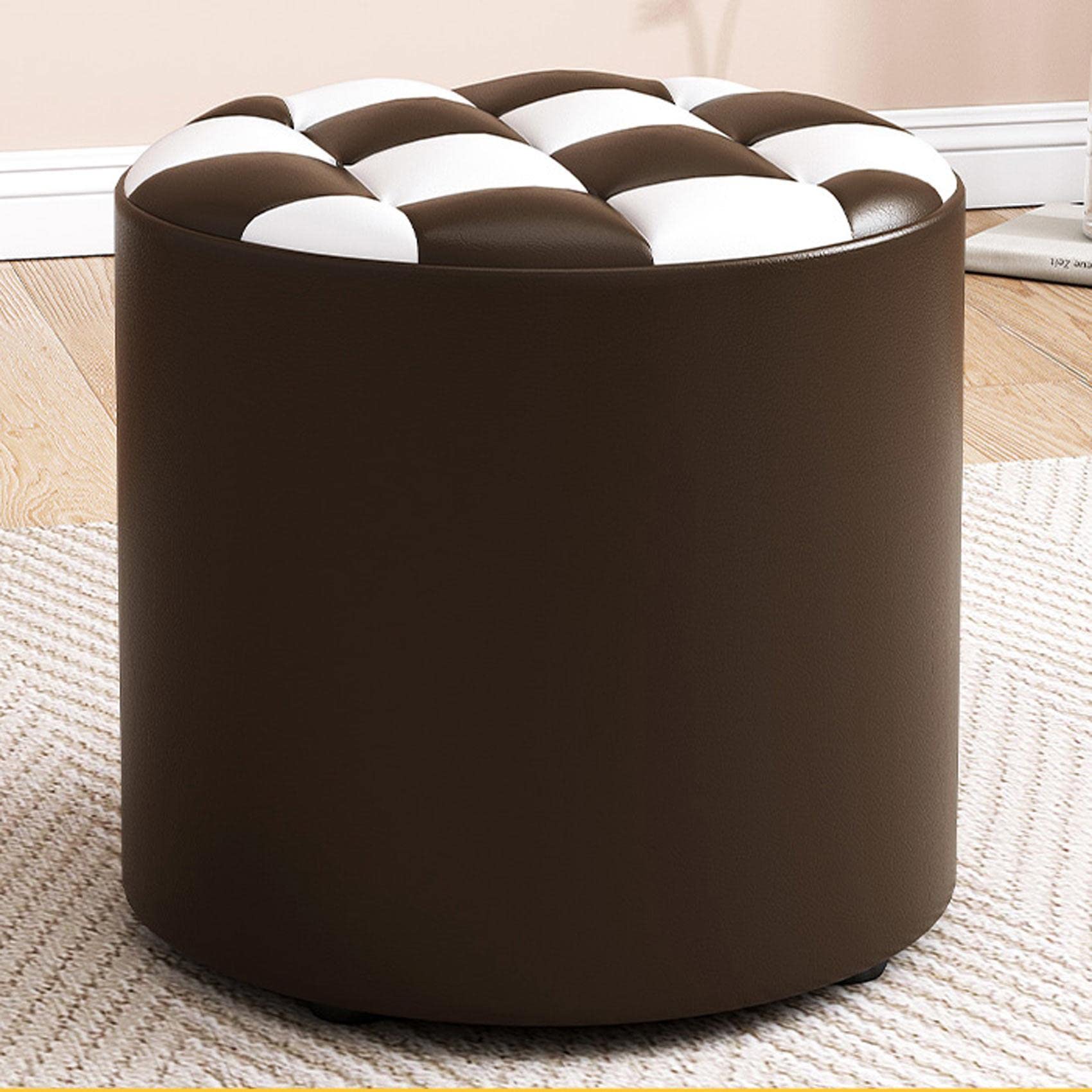 Round Leather Footstool for Living Room and Bedroom Brown/White 31x28cm