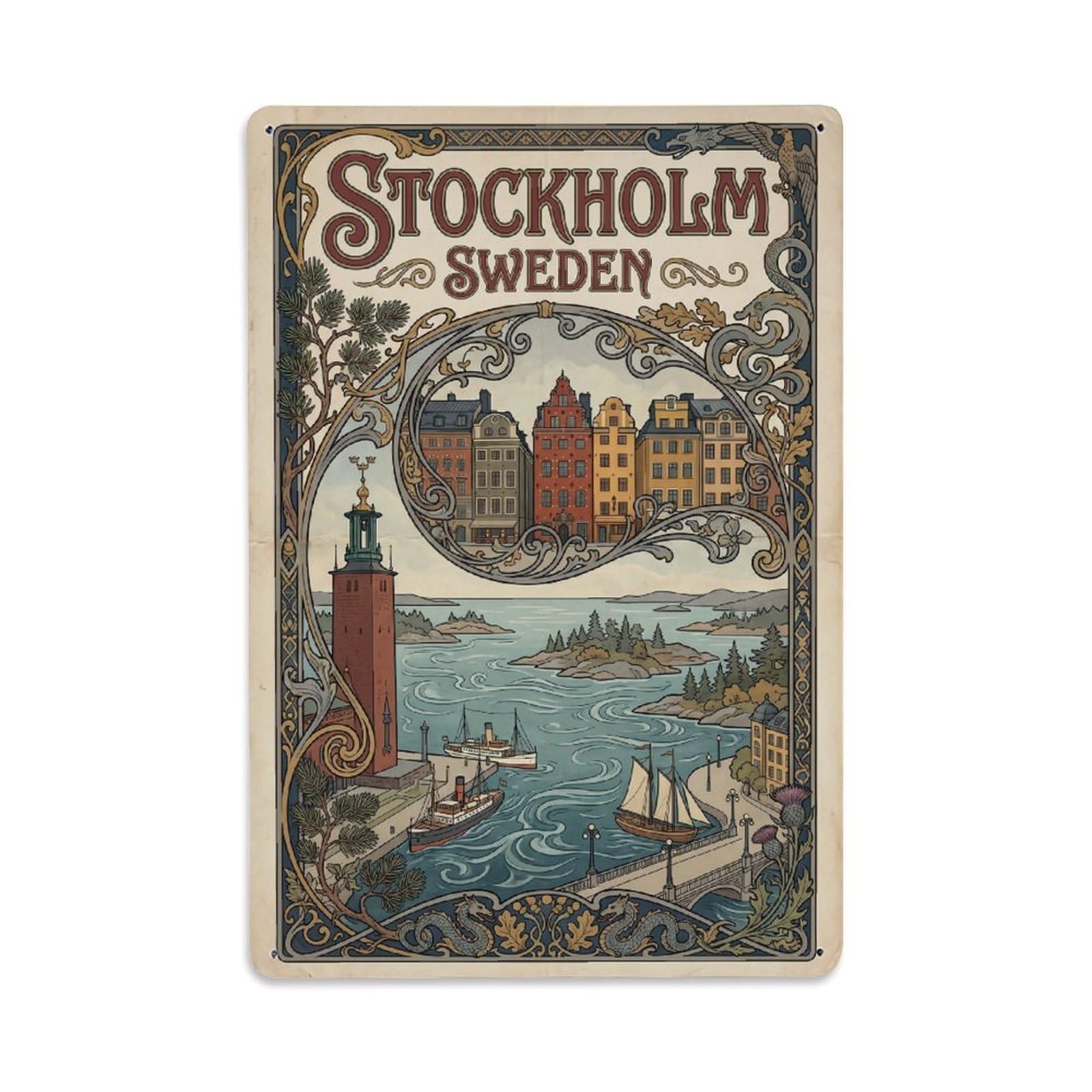 Travel Retro Sweden Stockholm Metal Tin Sign Plaque Wall Decor for Cafe, Club Bar, Office, Garden Metal Poster 8x12Inch
