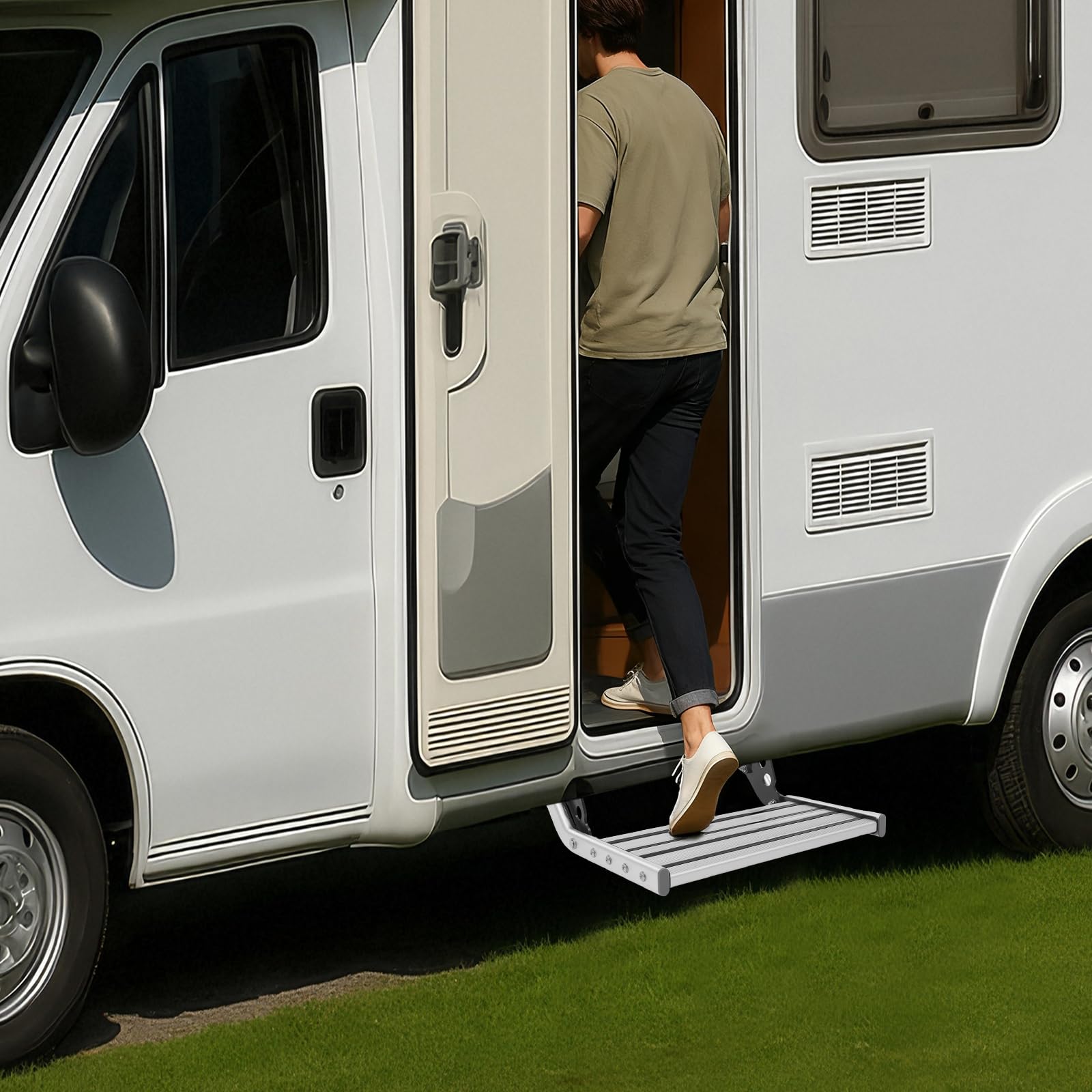Scalino per camper in alluminio con luce LED, pieghevole, antiscivolo, portata 150 kg, per campeggio e roulotte