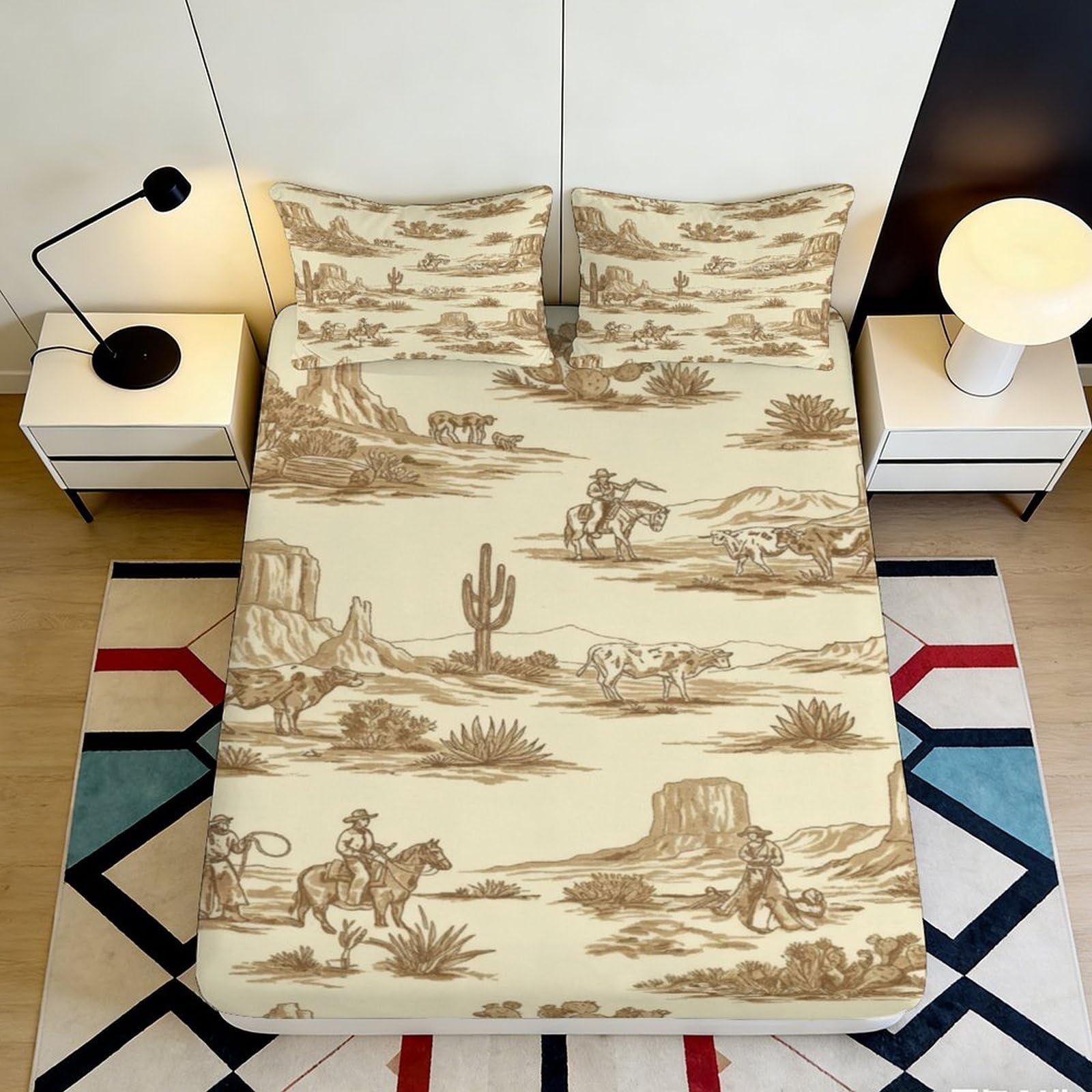 3D Printed Western Cowboy Desert Fitted Sheet Microfiber Non-slip Mattress Cover for Bedroom Dorm Decor, Beige 200x200x25cm