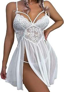 Linerie Sexy Nuisette Femme Dentelle Robe de Nuit Transparente Chic Vêtements de Nuit Tenue Coquine Robe Fendue Elegant avec Culotte Noir Rouge Bleu