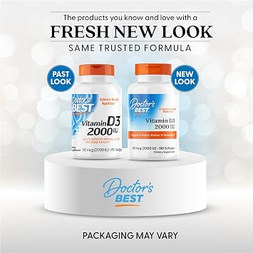 Doctor's Best Vitamin D3 2000 IU Softgels for Men & Women - Vitamin D Supplement for Immune System & Heart Health Support, 50 mcg per Serving, Vit D 3, Non GMO, Gluten Free, Soy Free - 180 Softgels