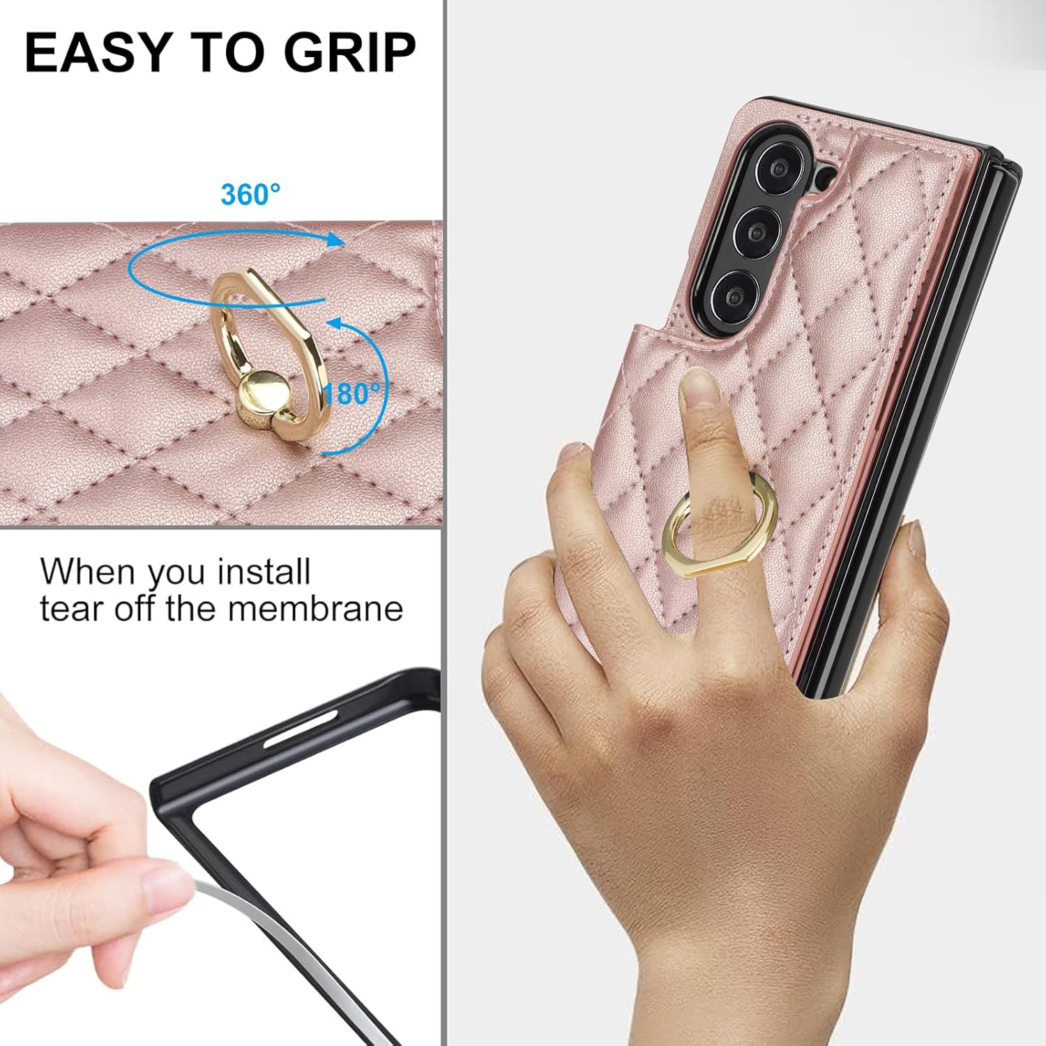 for Samsung Galaxy Z Fold 5 Wallet Case with Ring, 4 Card Slots & Cash Clip - Magnetic Clasp Closure, Front Tempered Glass Screen Protector & Reinforced Frame Protective Cover.(Rosegold)