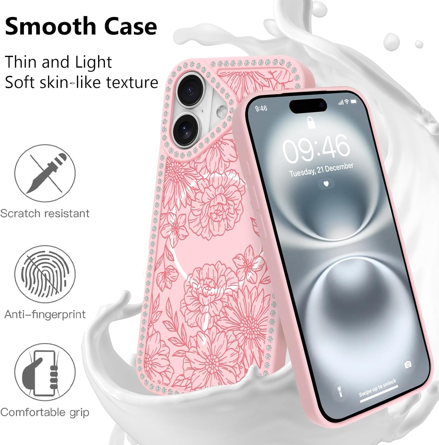 Designed for iPhone 16 Case, Cute Line Peony Rose Floral Pattern with Bling Diamond Rhinestone Phone Case, Aesthetic Pattern Print TPU Bumper Case for Women Girls (Pink)