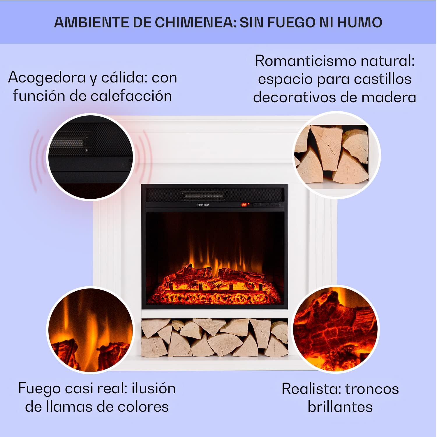Klarstein Chimenea Electrica Pared, Llama LED con una Potencia de 1800W y Mando, Temporizador y Control Automático de Temperatura, Chimenea Interior Casa con Efecto Troncos, Estufas Interior