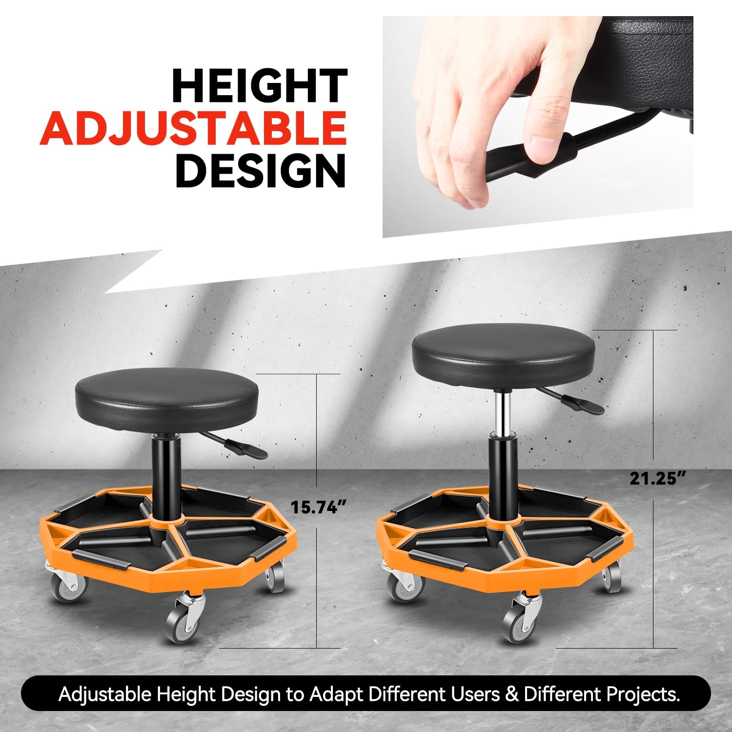 Auto Dynasty Taburete mecánico, asiento neumático ajustable con bandeja de herramientas, asiento de rodillo de 300 libras para reparación de automóviles de taller, altura ajustable de 15.7 a 21