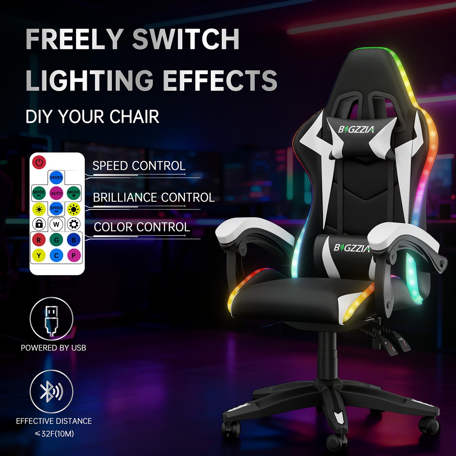 Silla de juegos con luces LED, silla reclinable ergonómica con luces RGB, reposacabezas ajustable y soporte lumbar, silla de oficina de piel sintética para computadora, altura e inclinación