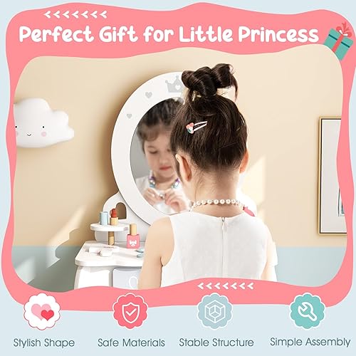 Miniatura 33 de Costzon Juego de tocador para niños, juego de tocador para niñas con espejo y taburete, tocador de maquillaje de princesa con cajón, tabla de