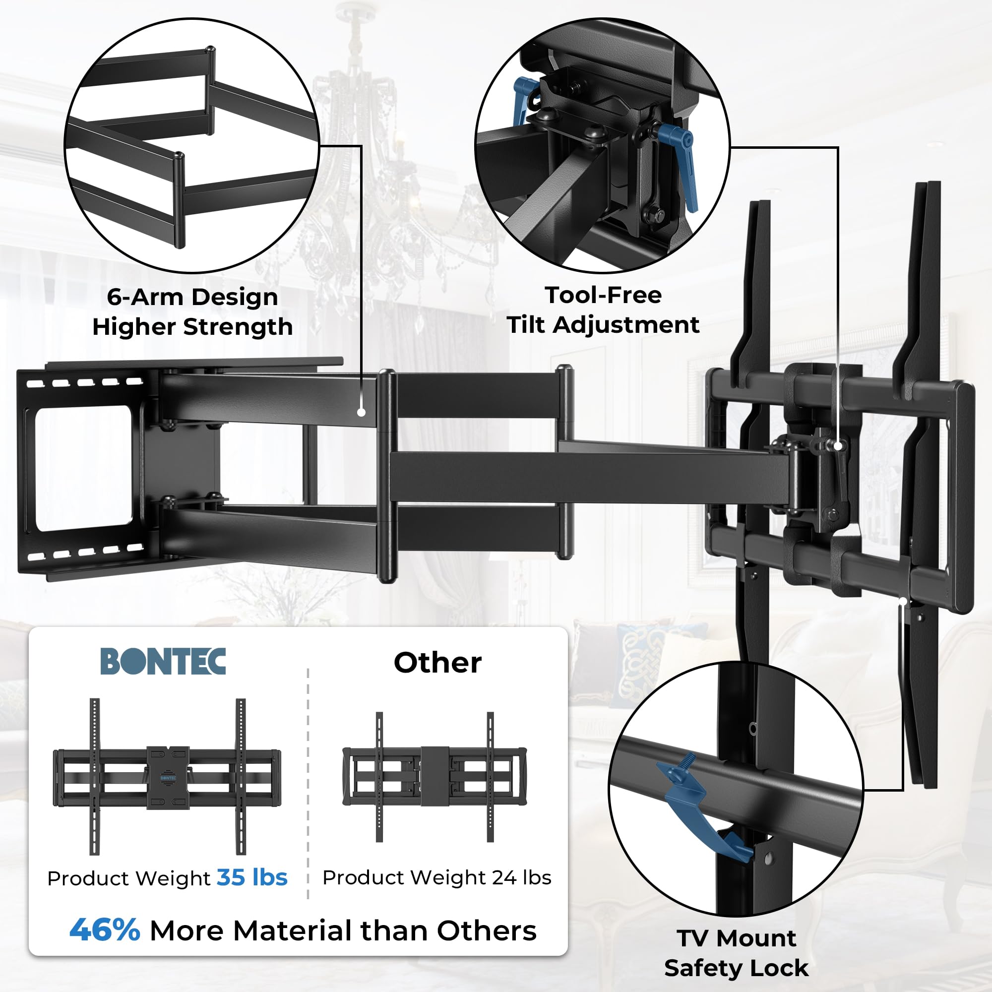 BONTEC Uchwyt ścienny do telewizorów 60-110 cali do 125 kg, podwójne ramię z wysuwem 1016 mm, odchylany i obrotowy, kompatybilny uchwyt ścienny do telewizora, maks. VESA 800 x 600 mm, do ekstra