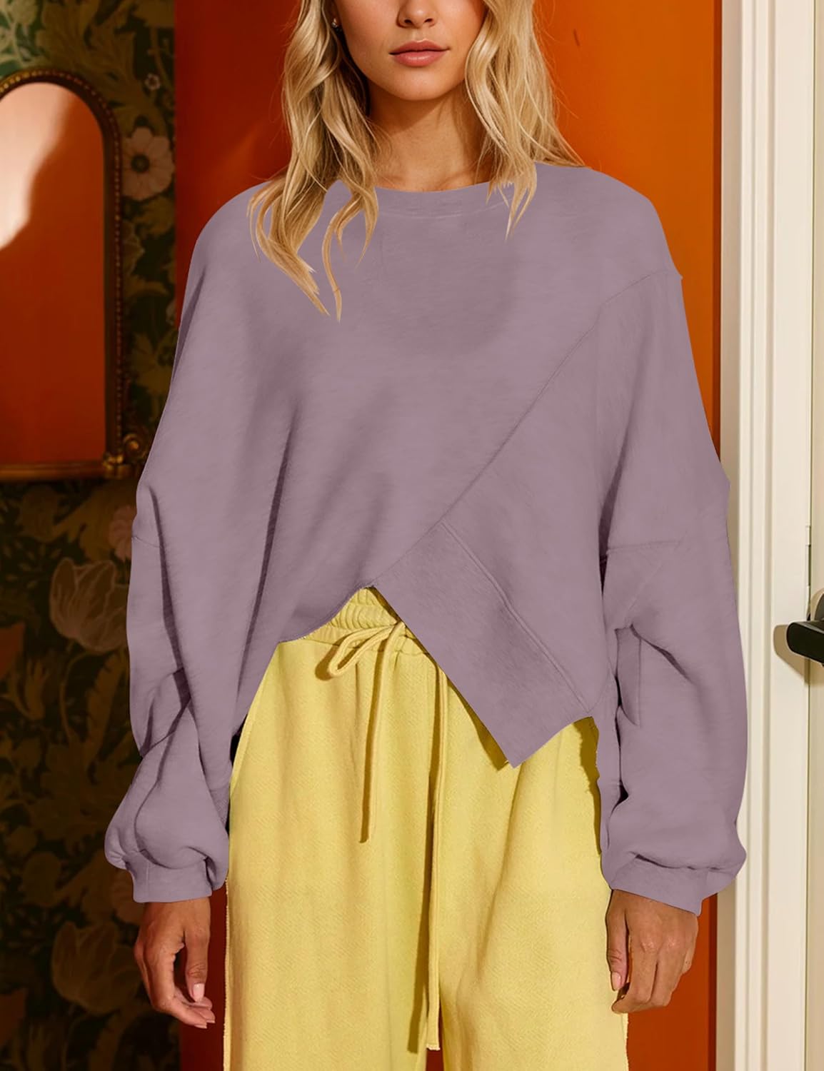 MISSACTIVER Women’s Crew Neck Cropped Sweatshirt Oversized Long Sleeve Ribbed Pullover Top Asymmetrical Hem Fall Outfit