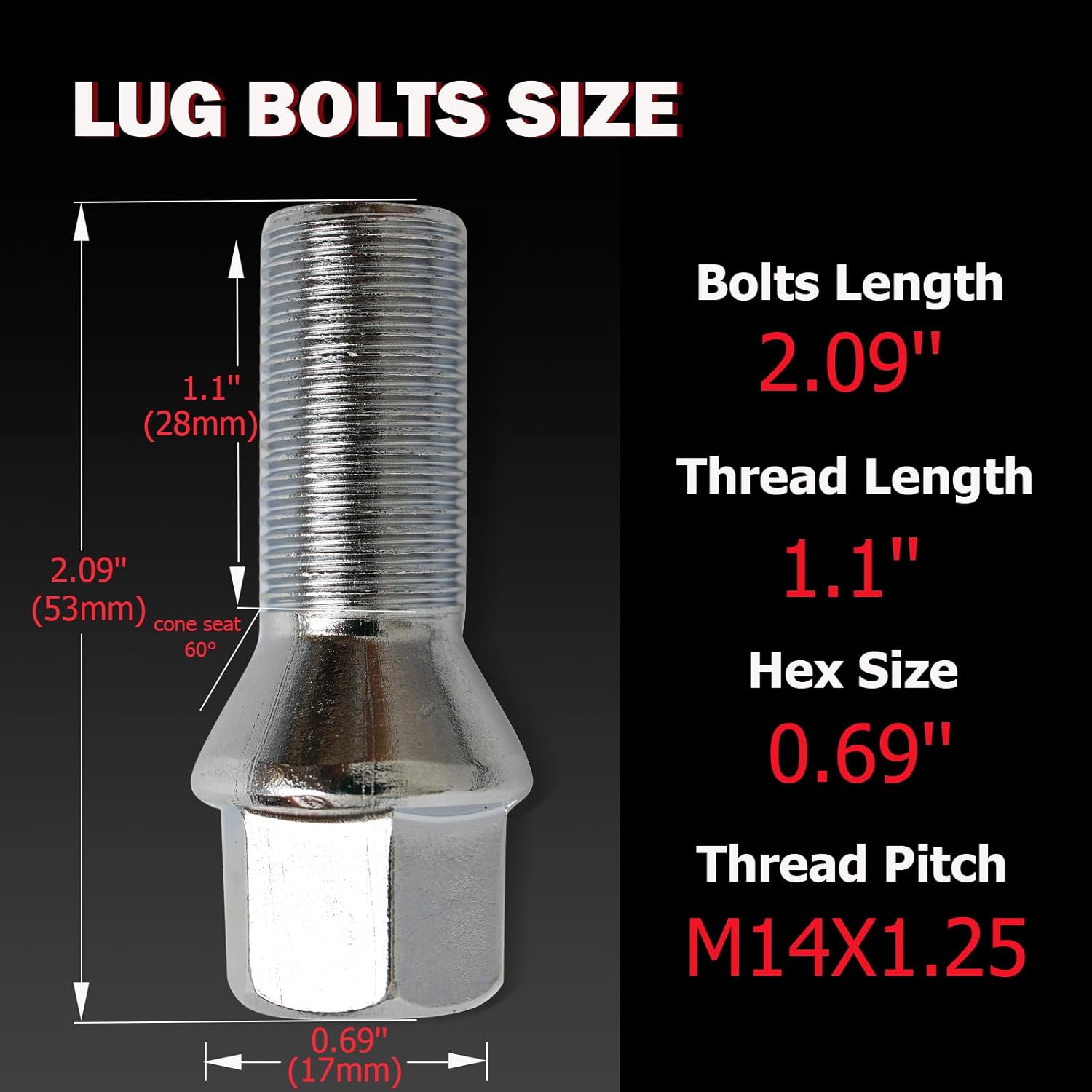 M14x1.25 Wheel Lug Bolts Replace#610-532,Fit for BMW 2014+ 2-Series/3-Series/4-Series/M3/M4/i3/i8, 2012+ 5-Series/6-Series/M5/M6, 2009+ 7-Series,20pcs 28mm Shank Lugbolts OE#36136781151