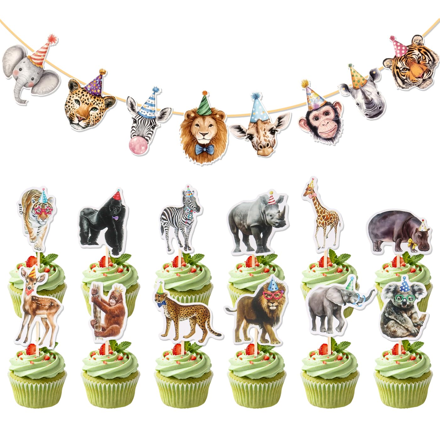 Wznnlt 13 Pieces Jungle Birthday Party Decoration Include Safari Animal Banner & 12 Pcs Safari Cake Toppers, Animal Cupcake Toppers for Jungle Theme Party Decoration