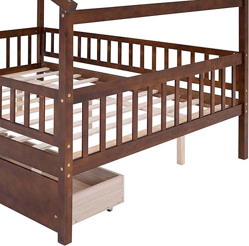 Miniatura 100 de Cama de casa de tamaño individual con 2 cajones, marco de cama de madera y barandilla de seguridad. Ahorra espacio, ideal para el dormitorio de un