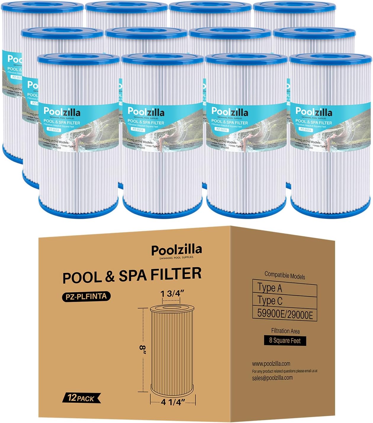 Poolzilla [12 Pack Pool Filter Cartridge for Type A or C, Compatible with Intex 29000E/59900E, Easy Set Pool Filters, Summer Escapes or Summer Waves Above Ground Pools [L x OD: 8" x 4.25'']