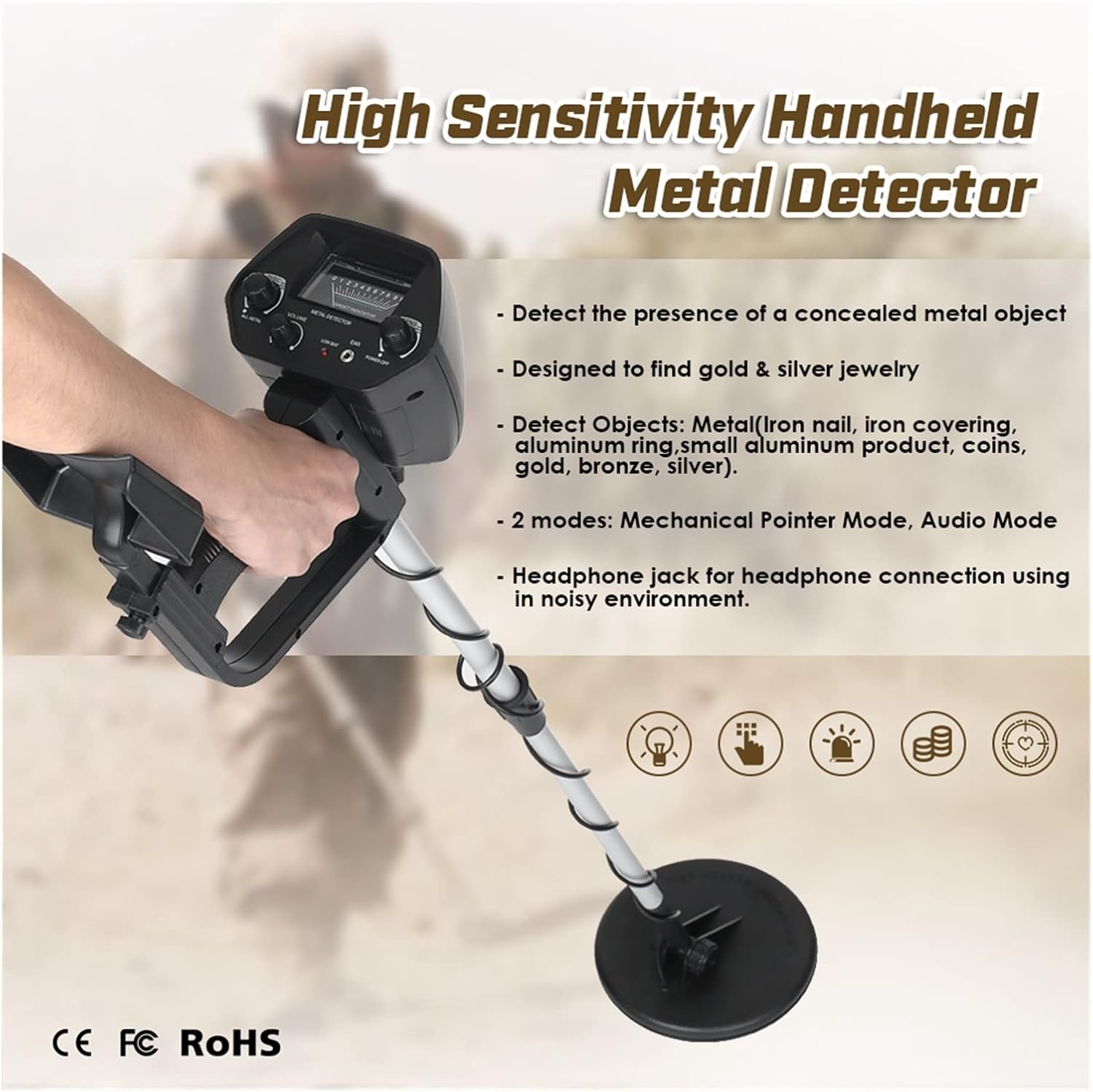 Infographic highlighting key features of the MD4030 Metal Detector: high sensitivity, ability to find gold and silver, two detection modes (pointer and audio), and a headphone jack.
