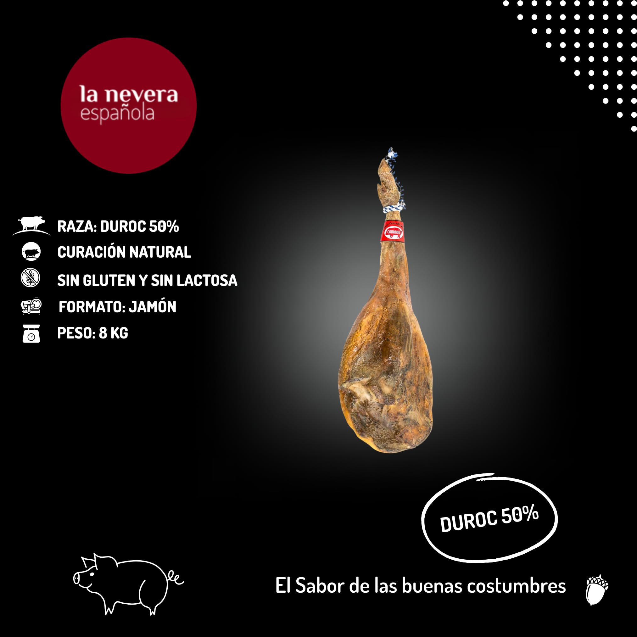 Comabu - Jamón 50% Duroc - Pieza de 8 kg Aprox. - 24 Meses de Curacion y Secado Natural - Jamón Curado con Toque Justo de Sal