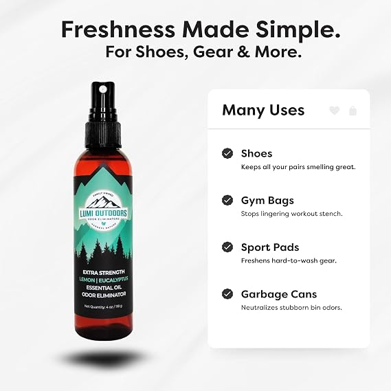 Lumi Outdoors Natural Shoe Deodorizer Spray - Odor Eliminator | Destroys Stubborn Shoe Smells at the Source - 700+ Sprays - Sneakers, Work Boots, Cleats & Gym Bags - Lemon Eucalyptus Scent