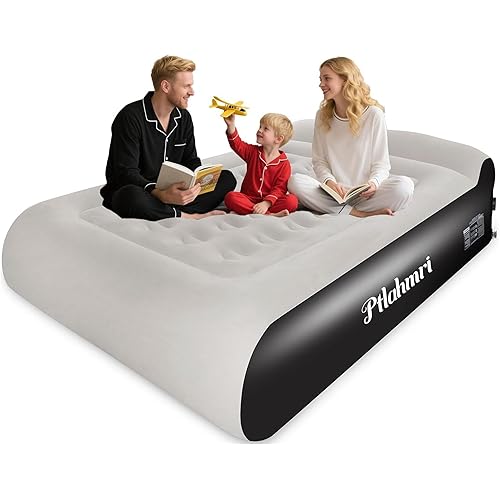 Queen Air Mattress Full with Built-in Pump,16'' Blow up Mattress with Soft Flocked Top Luxury Inflatable Mattress 3 Minute Fast Inflation/Automatic deflation for Camping＆Home and Guest