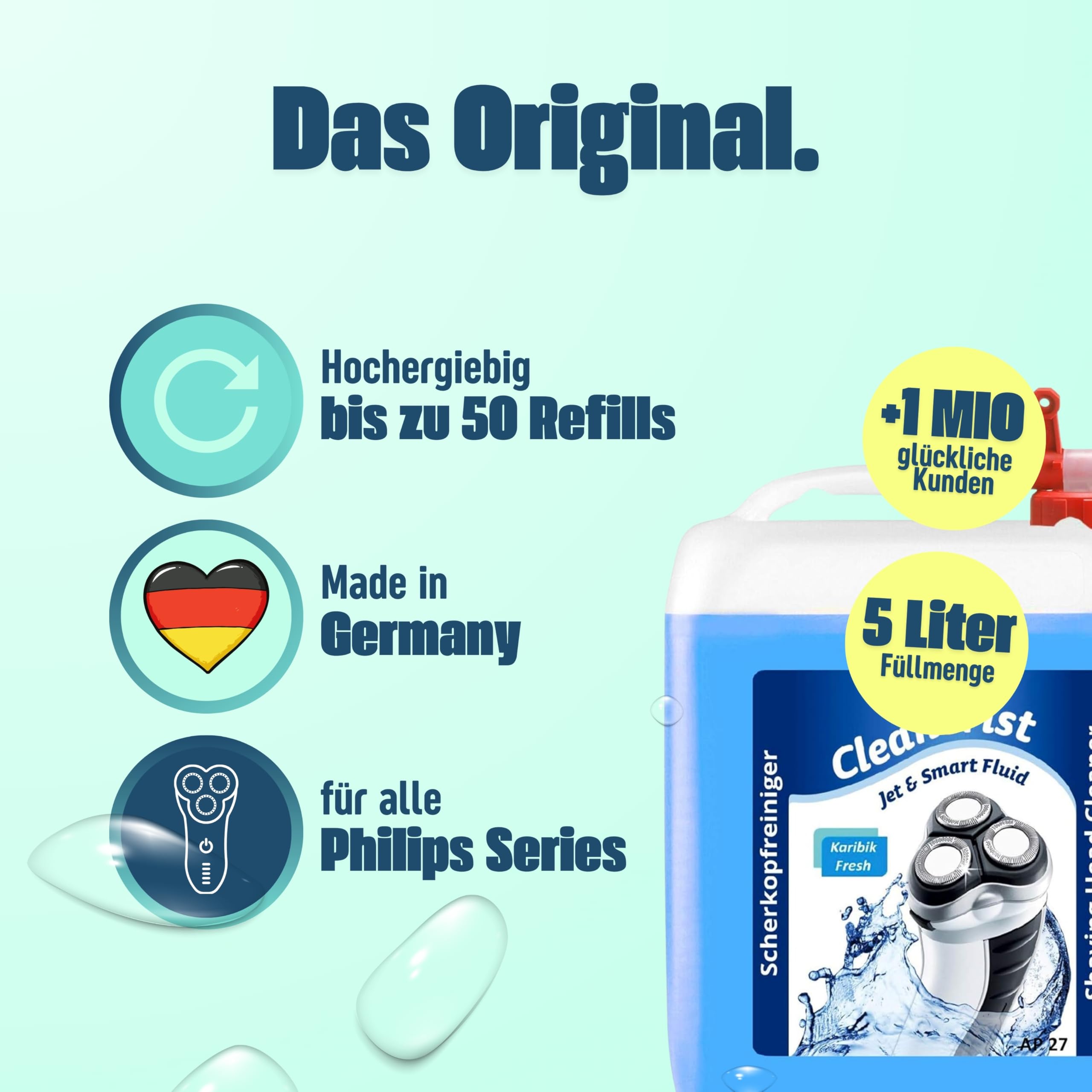 Liquide de nettoyage Cleanerist Jet & Smart Fluid - Pièce de rechange compatible avec les rasoirs Philips avec robinet d'écoulement - 5 l