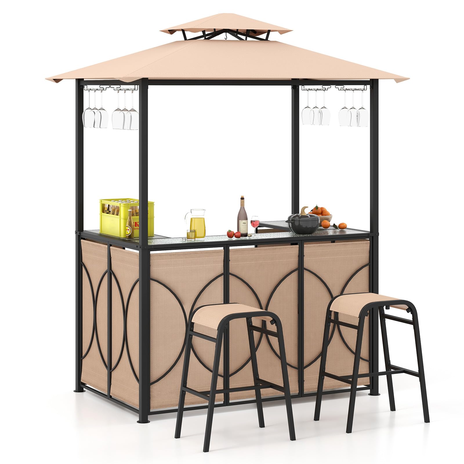 COSTWAY Mueble Bar Exterior de 3 Piezas, Cenador de Barbacoa, 2 Taburetes de Bar, 1 Mesa de Bar de Vidrio Templado, Estante de Metel, Soportes de Vidrio, 194 x 121 x 242 cm (café)