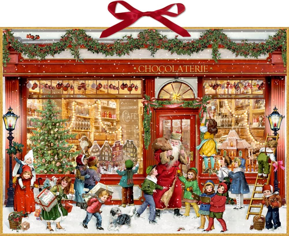 COPPENRATH Luxury Traditional Christmas Advent Calendar - The Chocolate Shop by Barbara Behr, Large 20.5 x 15 Inch Cardboard Wall Calendar with Iridescent Glitter & Hanging Ribbon, Nostalgic Xmas Countdown