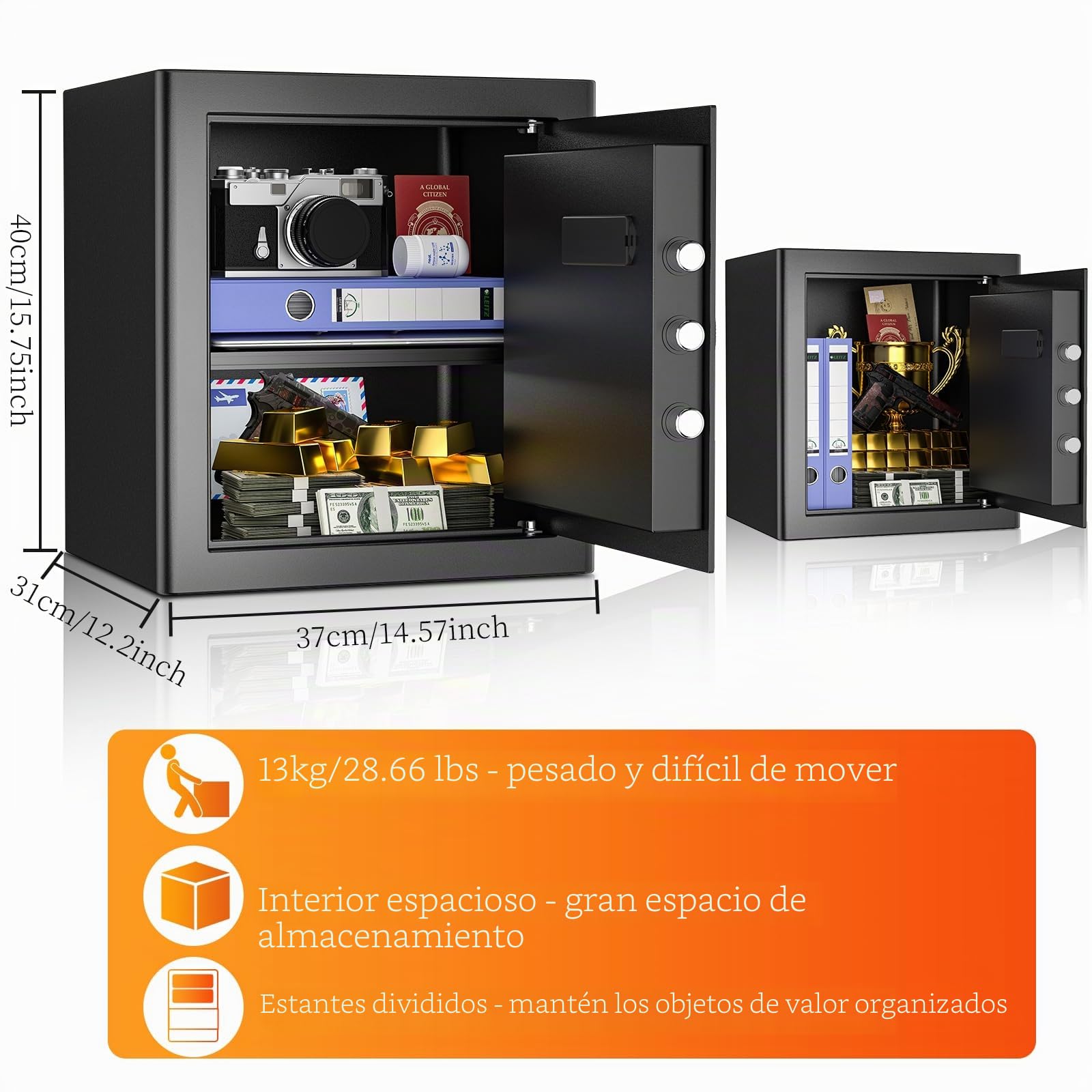 WASJOYE Caja Fuerte Convencionale para el Hogar, Teclado de Seguridad Electrónico Digital Caja Fuert Grande, Caja Fuert con Cerradura de Llave para el Hotel, Oficina, Dinero, Pistola, Joyería, 42L