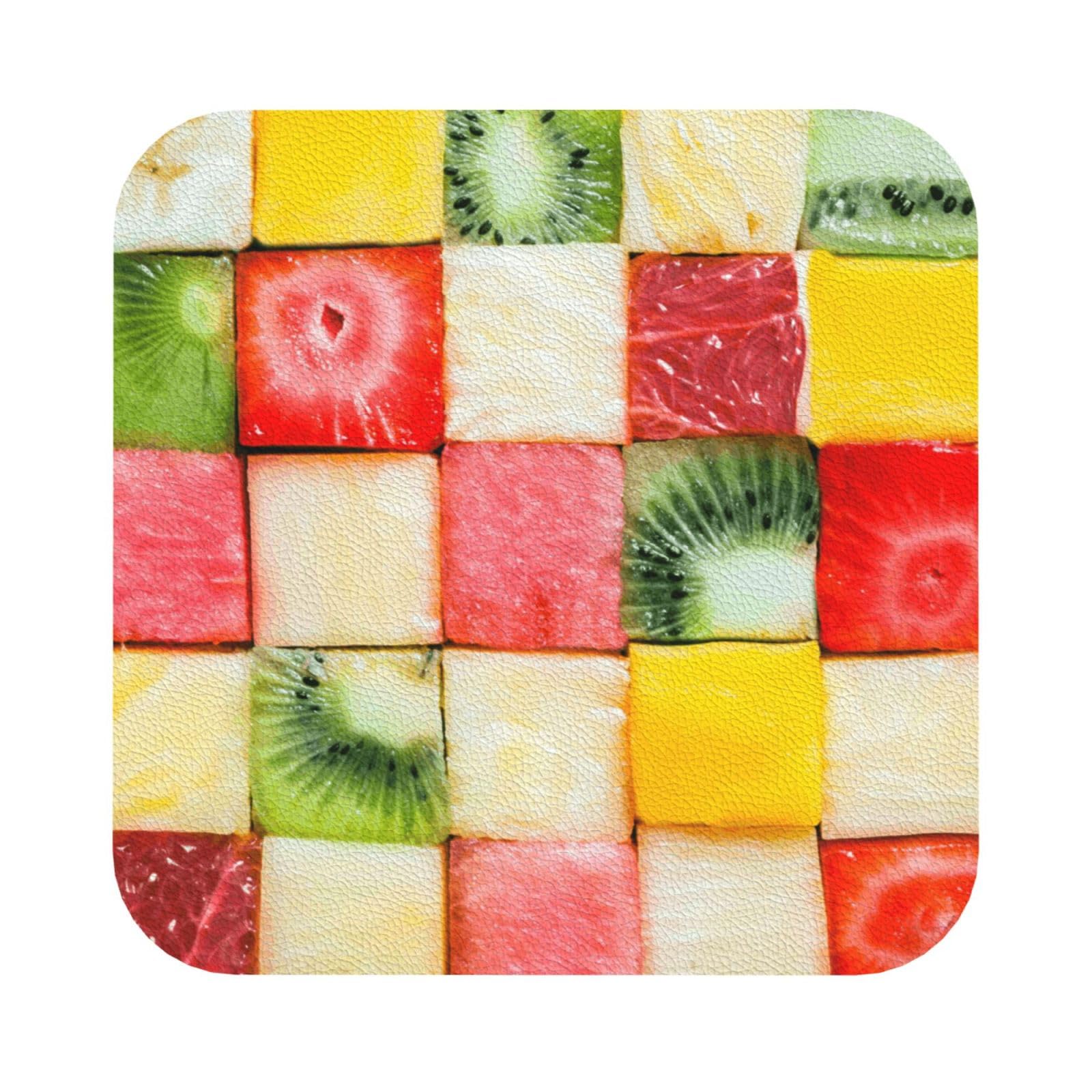 Kiwi Watermelon PU Leather Coasters Set of 6 Square Drink Coasters