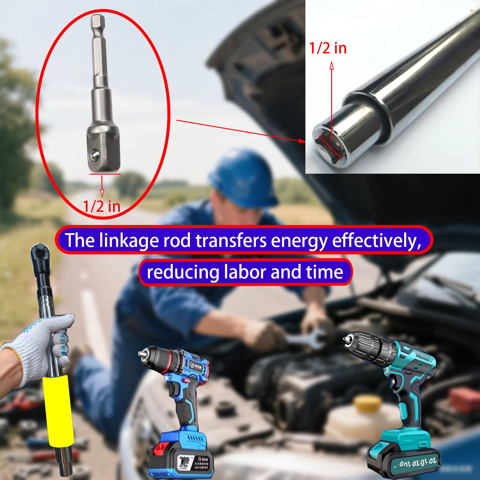 Offset Wrench Extender - 1/5.1 cm Drive Impact Wrench Adapter, Heavy Duty Ratschenverlängerung für enge Räume, passend für Standard-Stecknüsse (Gelb)